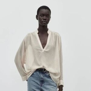 Zara Cream Rhinestone V-Neck Blouse